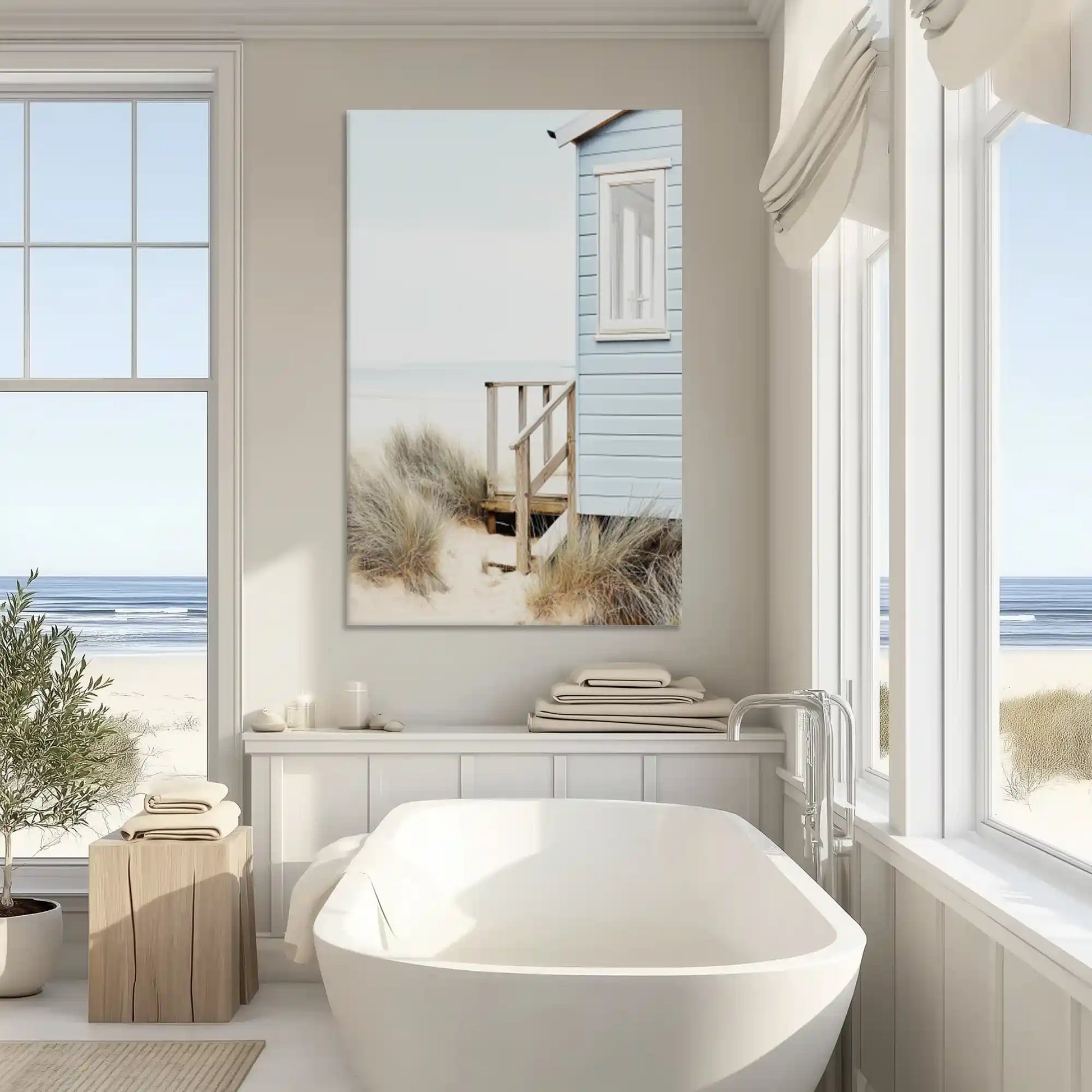 Neutral coastal hut canvas art enhancing modern wall decor with soft beach-inspired hues