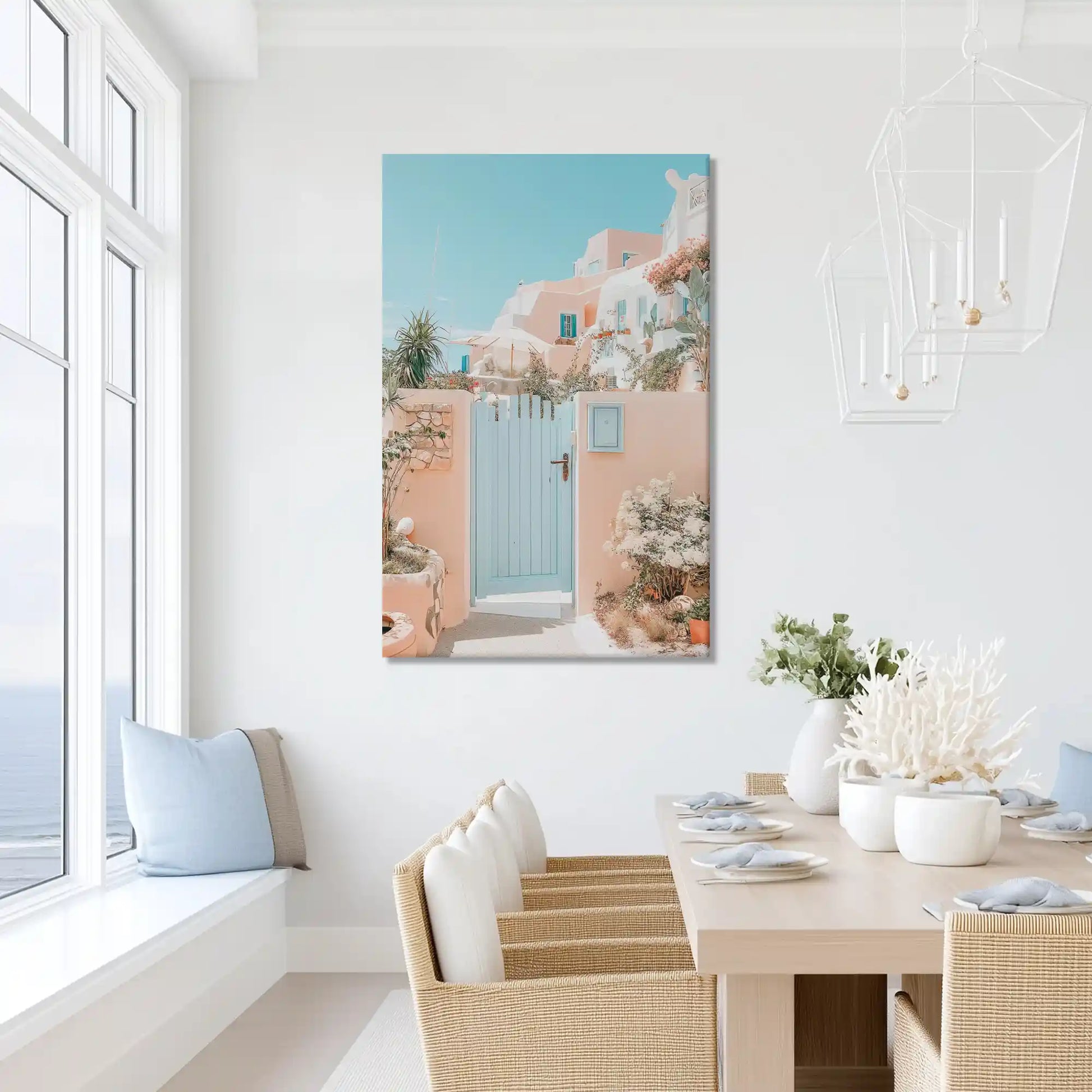 Peaceful seaside village painting with floral accents, ideal for dining room or bedroom design