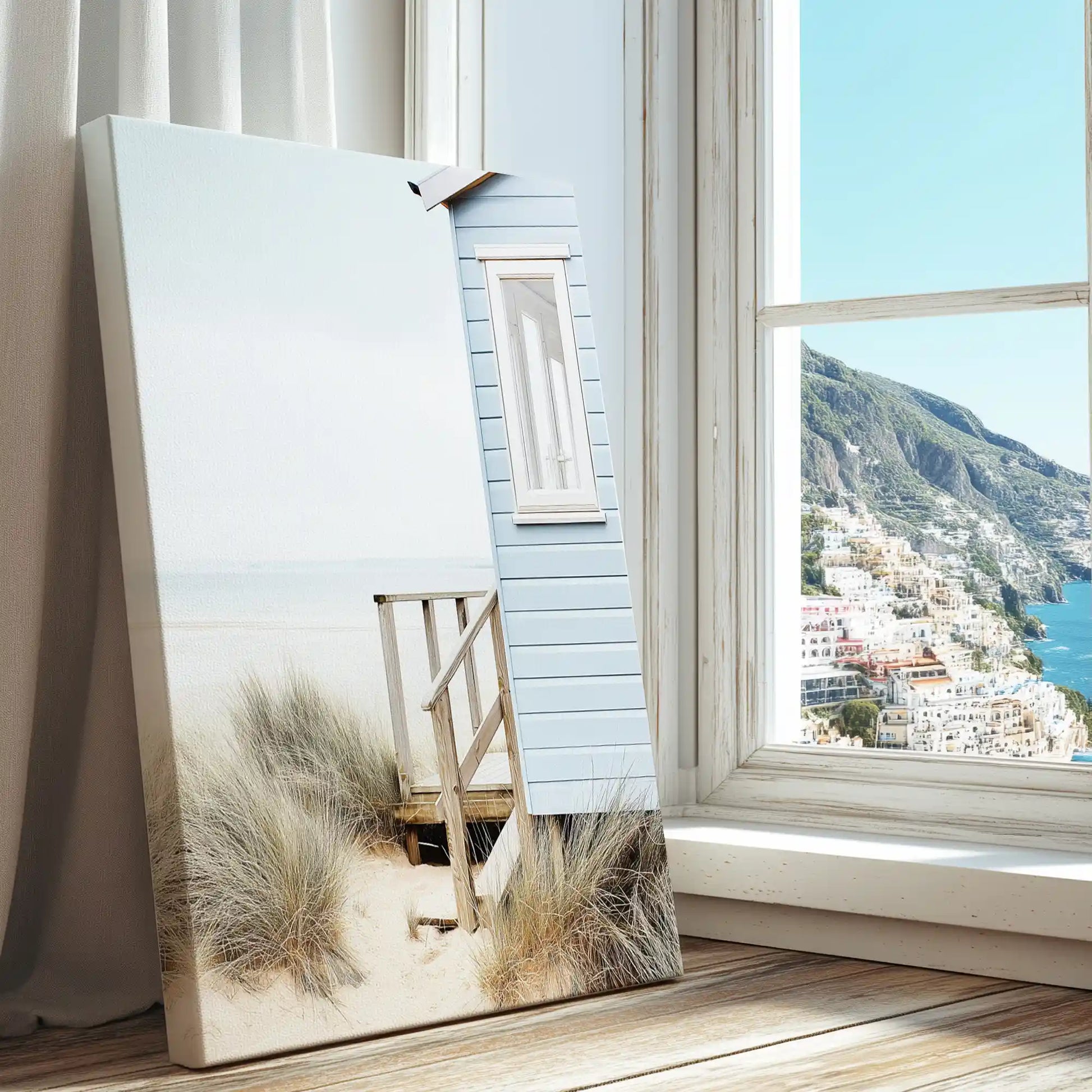 Beach hut with dune grass captured in a coastal canvas print with clean minimalist style