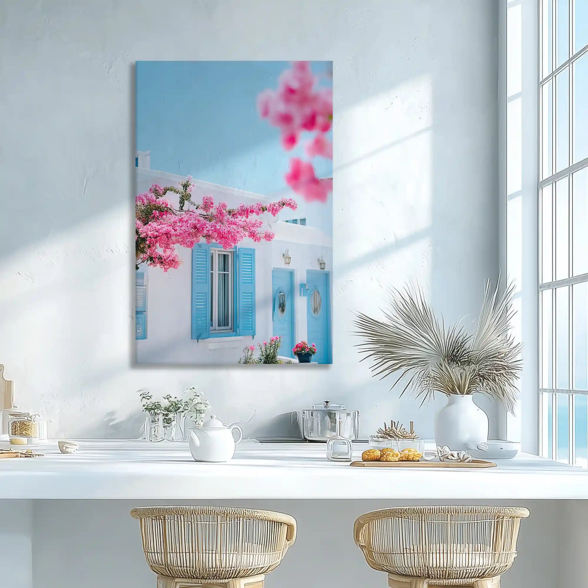 Greek coastal wall decor with flowers enhancing dining room elegance
