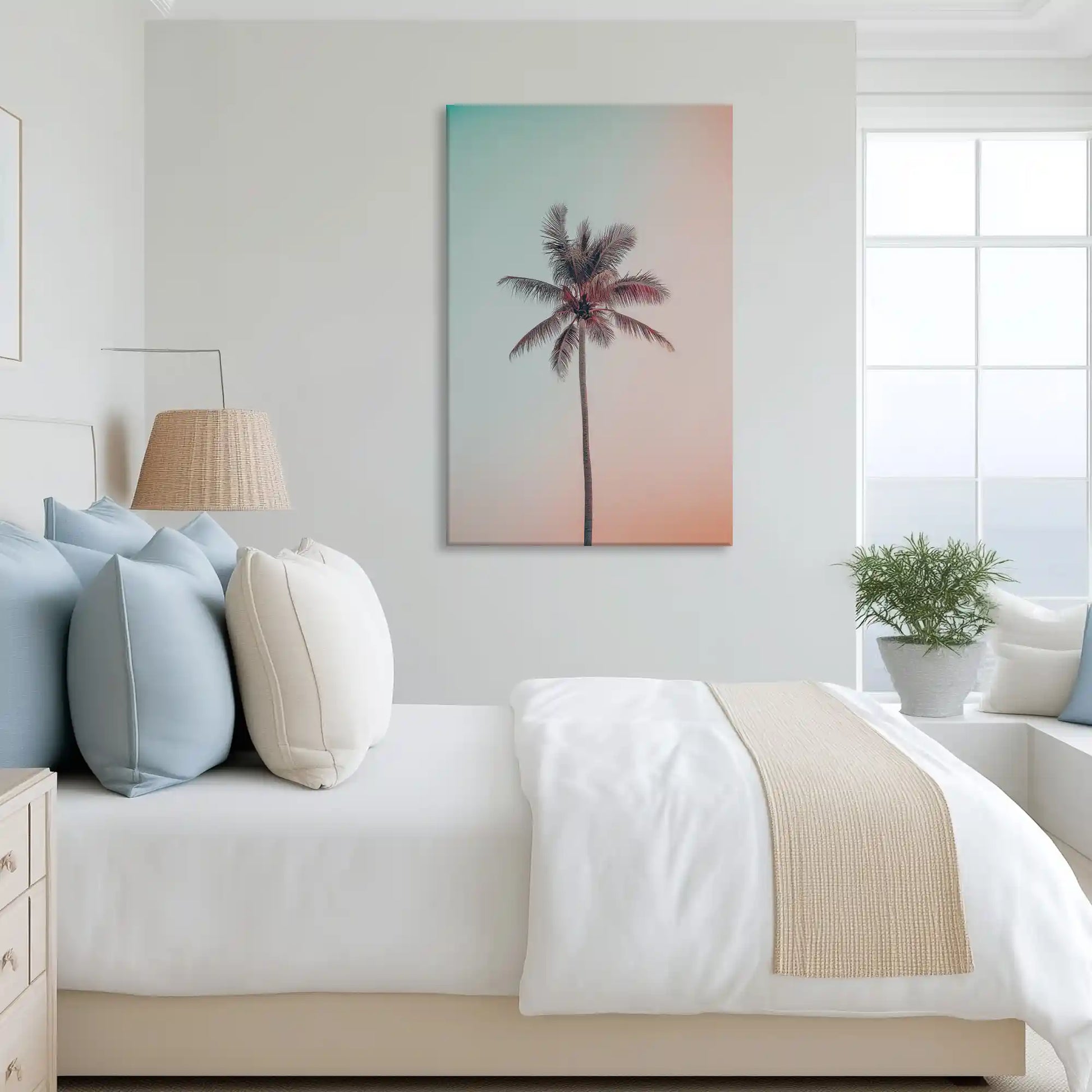 Tranquil pastel palm canvas art complementing coastal-inspired decor with airy tones