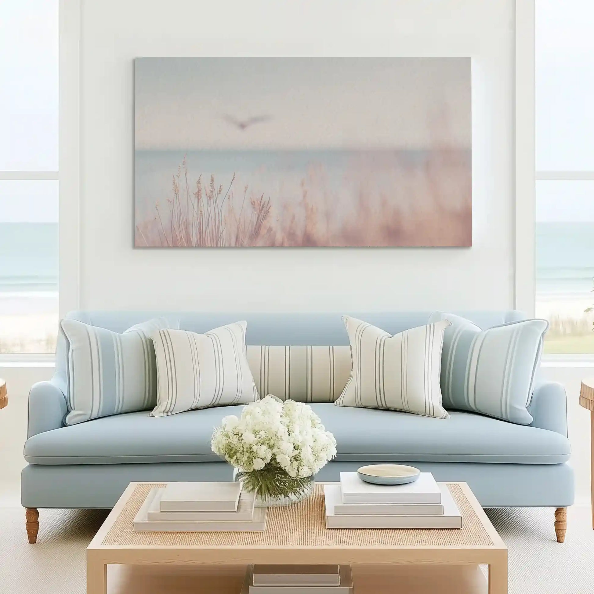 Tranquil horizon painting complementing minimalist beach house wall decor style