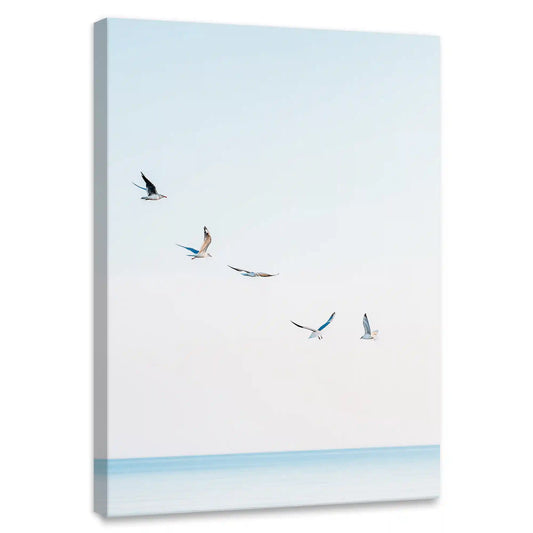 Minimalist seagull canvas wall art for living room, soft pastel sky with gentle ocean horizon