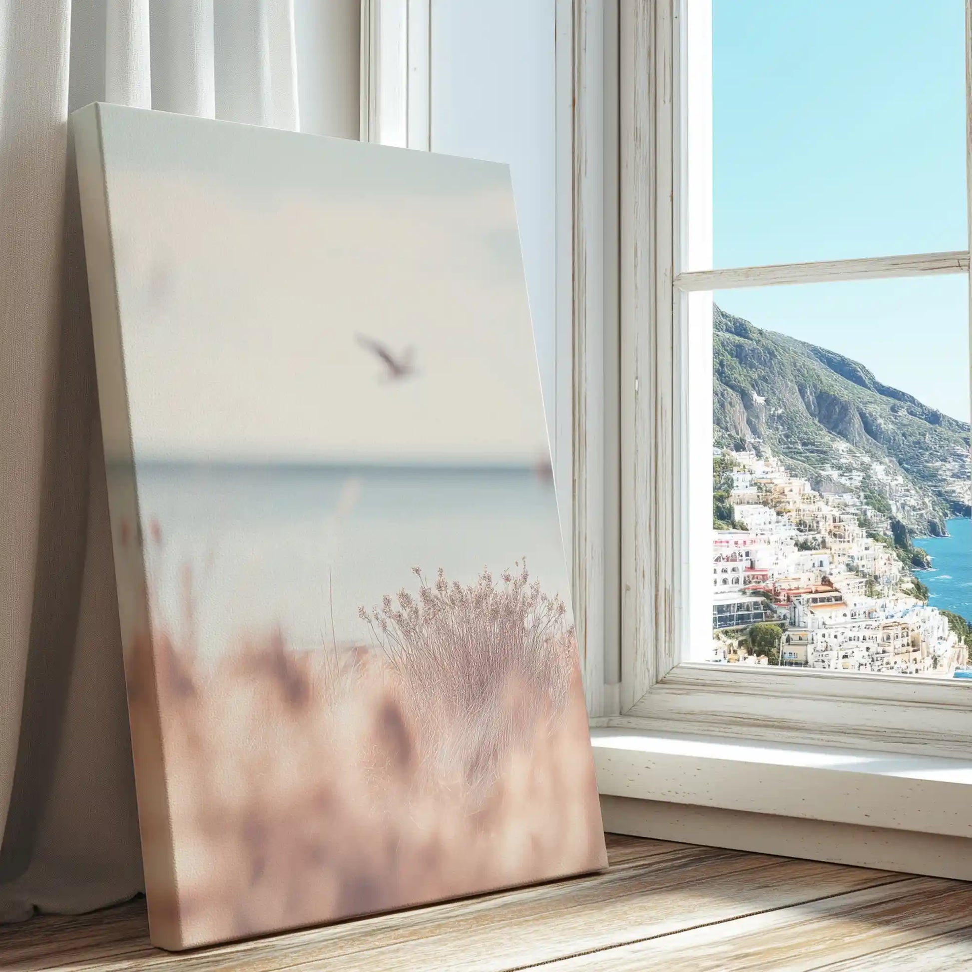 Flying bird over seascape captured in a canvas print with minimalist style