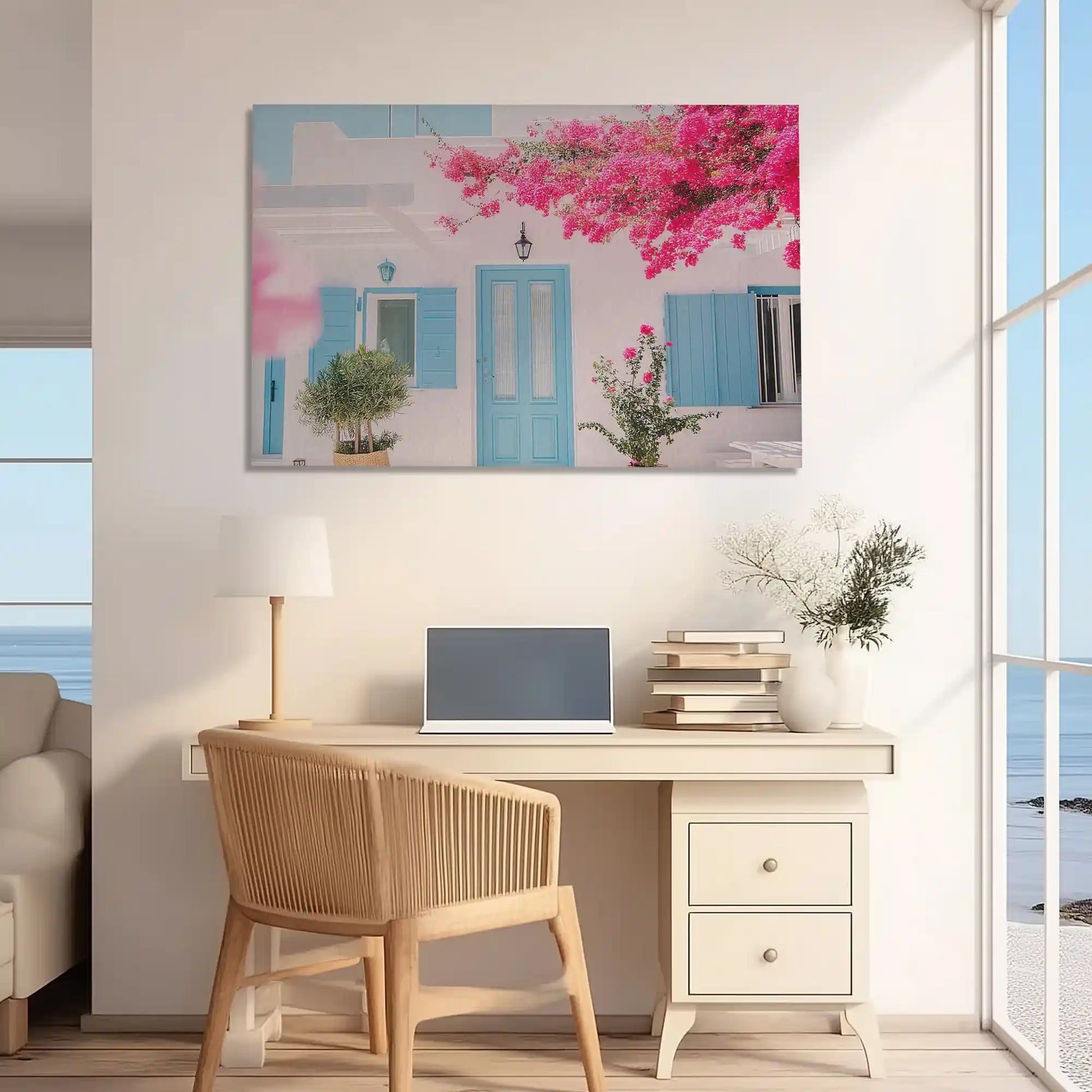Minimalist coastal wall art canvas with whitewashed home and vibrant floral accents