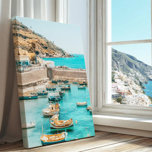 Fishing harbor scene captured in a canvas print with modern style