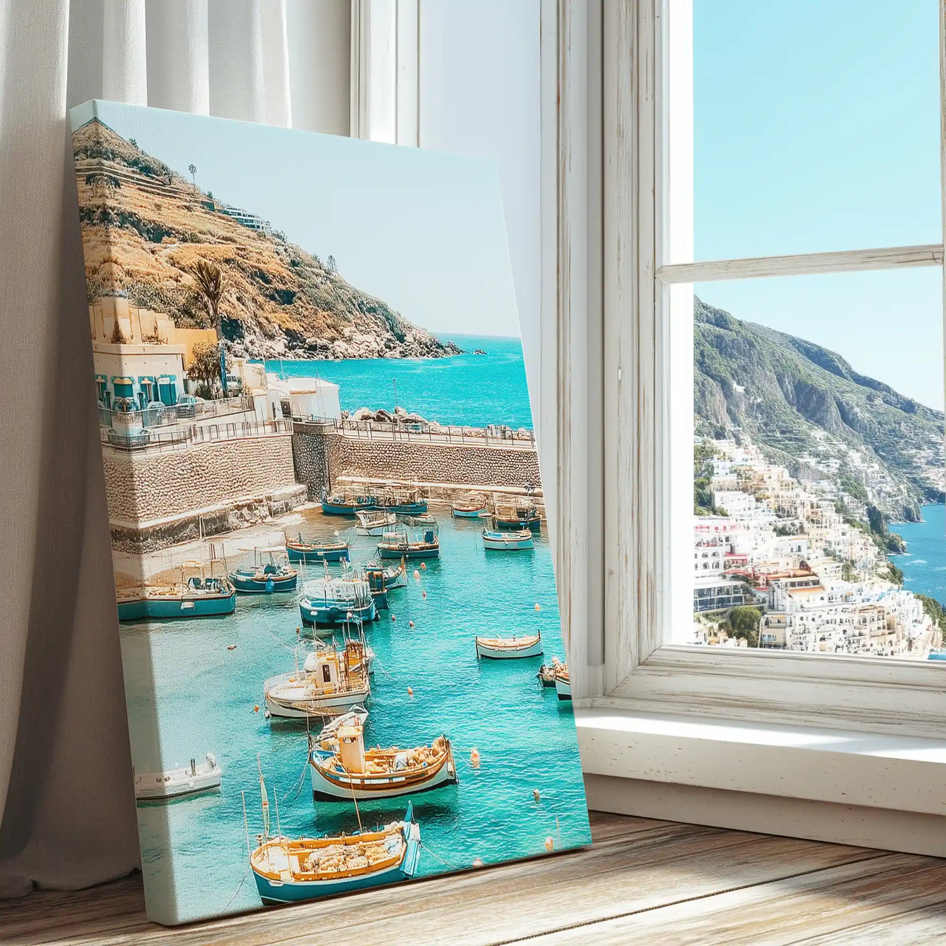 Fishing harbor scene captured in a canvas print with modern style