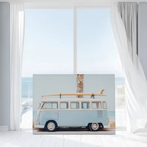 Large surf-inspired coastal canvas print with retro van and beach lifestyle design