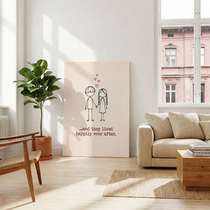 Modern canvas art featuring a centralized cartoon couple with red heart accents and ample negative space for a light, innocent feel.