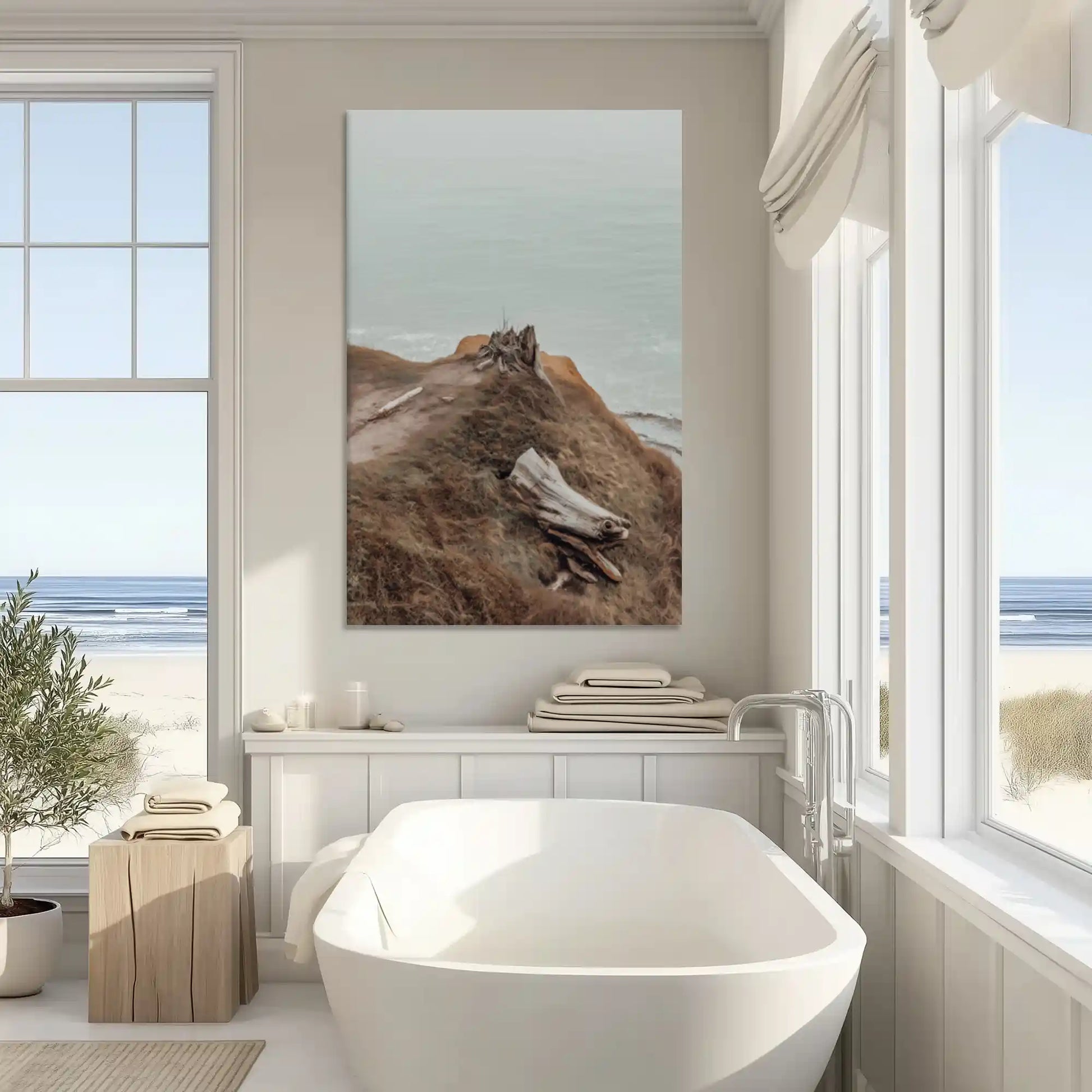 Neutral driftwood cliff canvas art enhancing modern wall decor with natural coastal tones