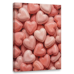 Pop art canvas wall decor featuring a dense cluster of pink and red heart-shaped forms with a soft, romantic texture.