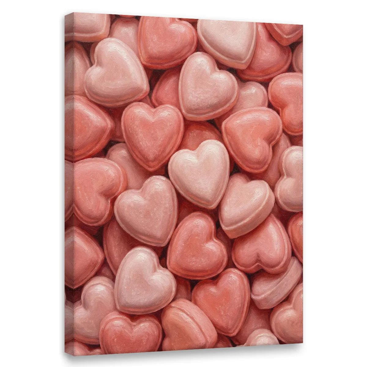 Pop art canvas wall decor featuring a dense cluster of pink and red heart-shaped forms with a soft, romantic texture.