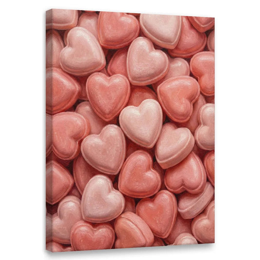 Pop art canvas wall decor featuring a dense cluster of pink and red heart-shaped forms with a soft, romantic texture.