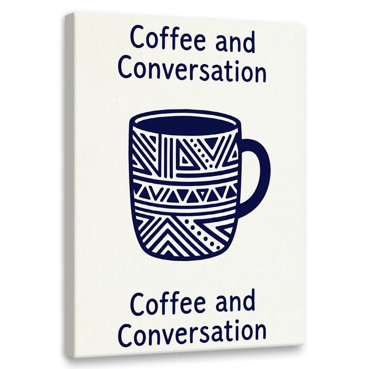 Minimalist canvas wall art featuring a stylized navy coffee mug with geometric patterns and the phrase 'Coffee and Conversation'.