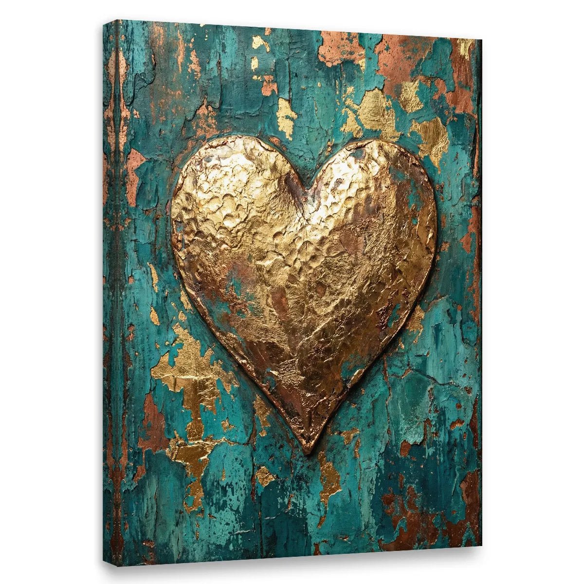 Abstract canvas wall art featuring a bold gold heart centered on a distressed teal and copper textured background.