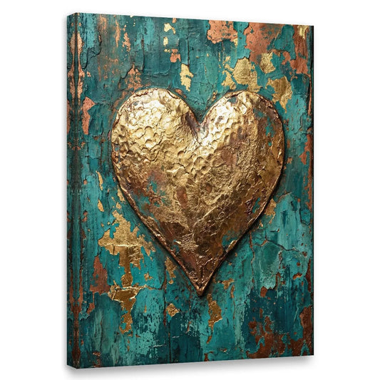 Abstract canvas wall art featuring a bold gold heart centered on a distressed teal and copper textured background.