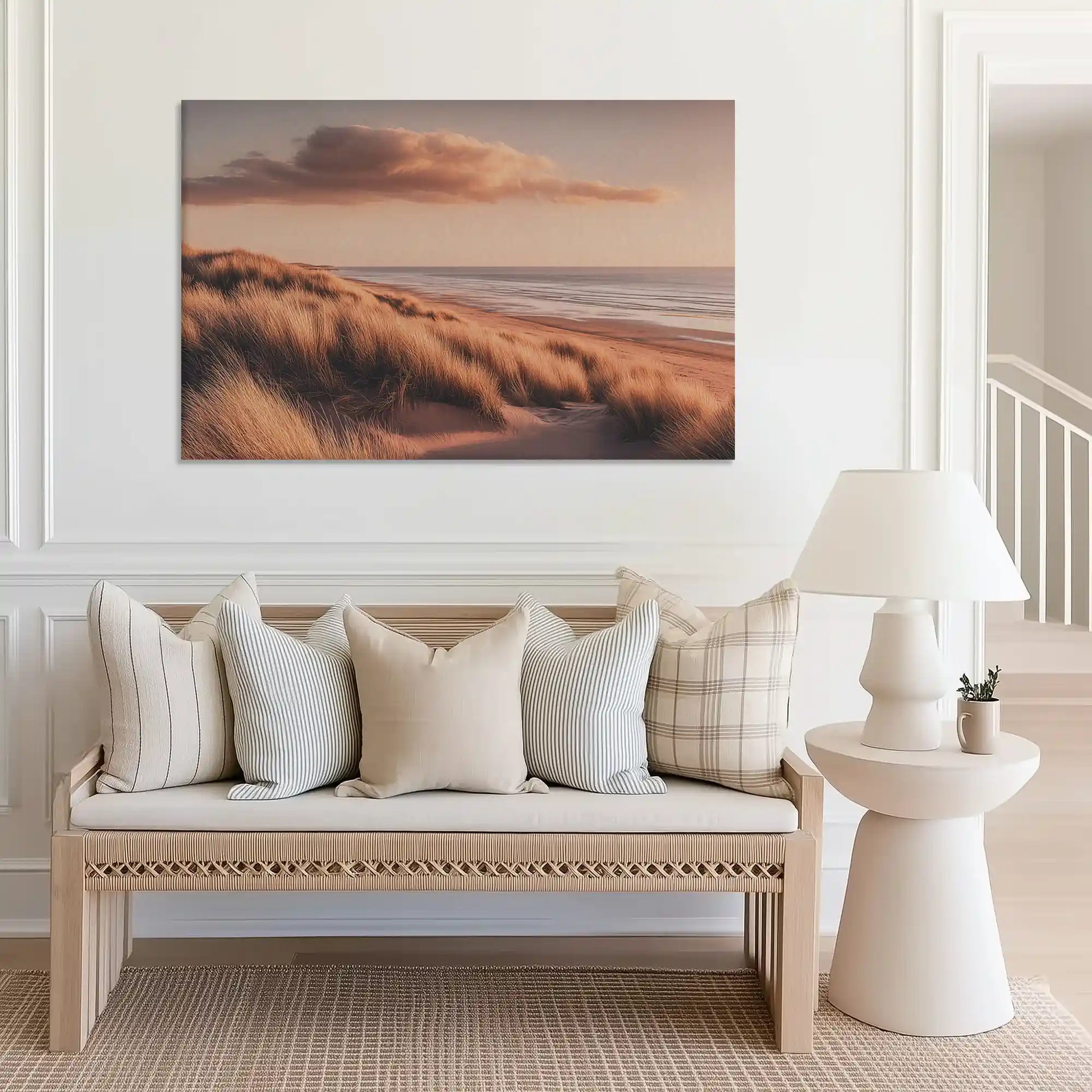 Large dune and ocean canvas print perfect for above couch placement in airy rooms