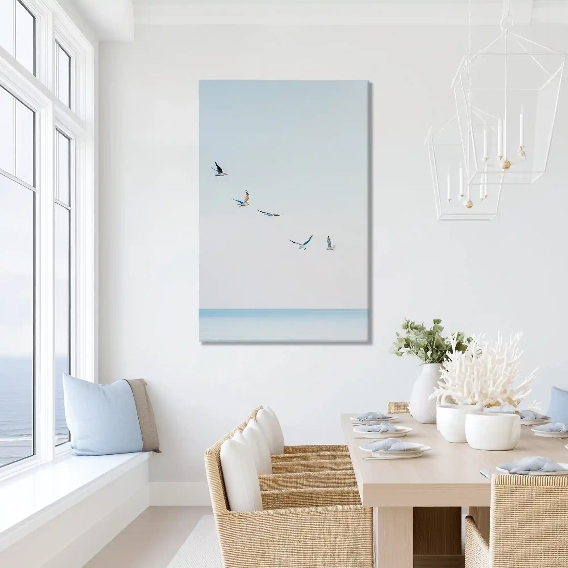 Birds in flight canvas print above ocean, perfect for sunny modern living room placement