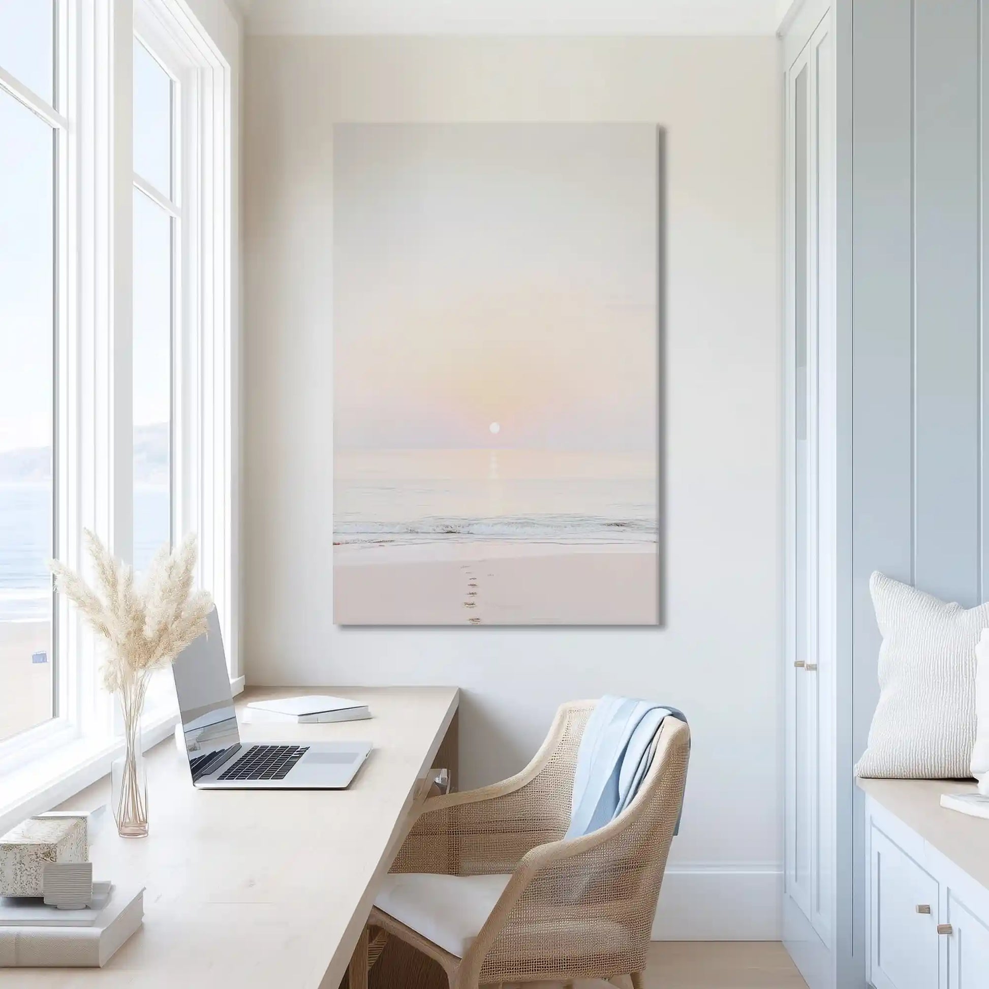 Extra large sunrise seascape canvas wall art showcasing warm pastel tones for airy interiors