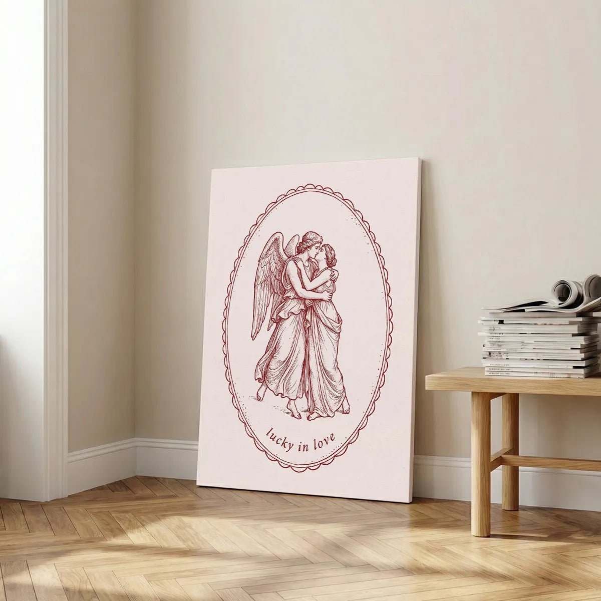 Classical canvas print of two delicately rendered figures in a symmetrical embrace, framed by an oval and accented with fine line art.