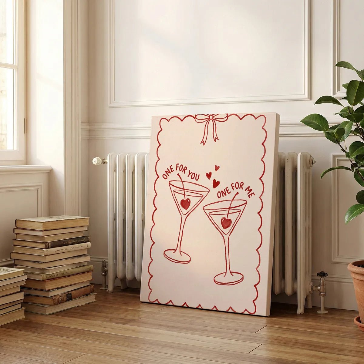 Vertical canvas art with a symmetrical layout of cocktail glasses and hearts, ideal for bedroom or casual living room decor.