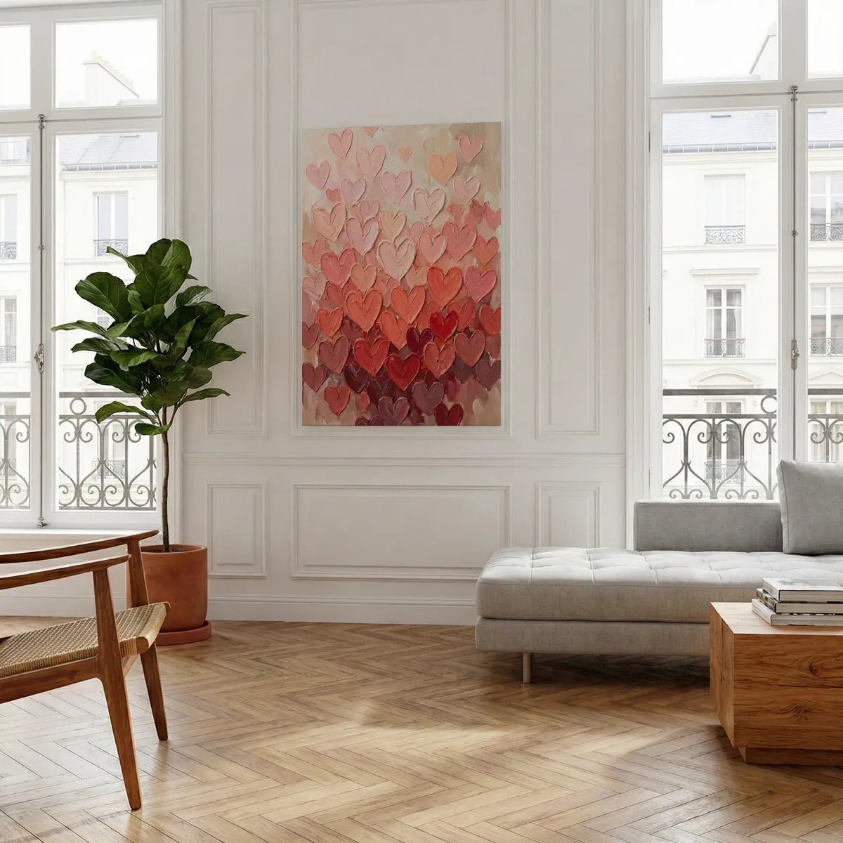 Vertical canvas art with abstract heart shapes clustered at the bottom and fading upward, ideal for romantic bedroom decor.