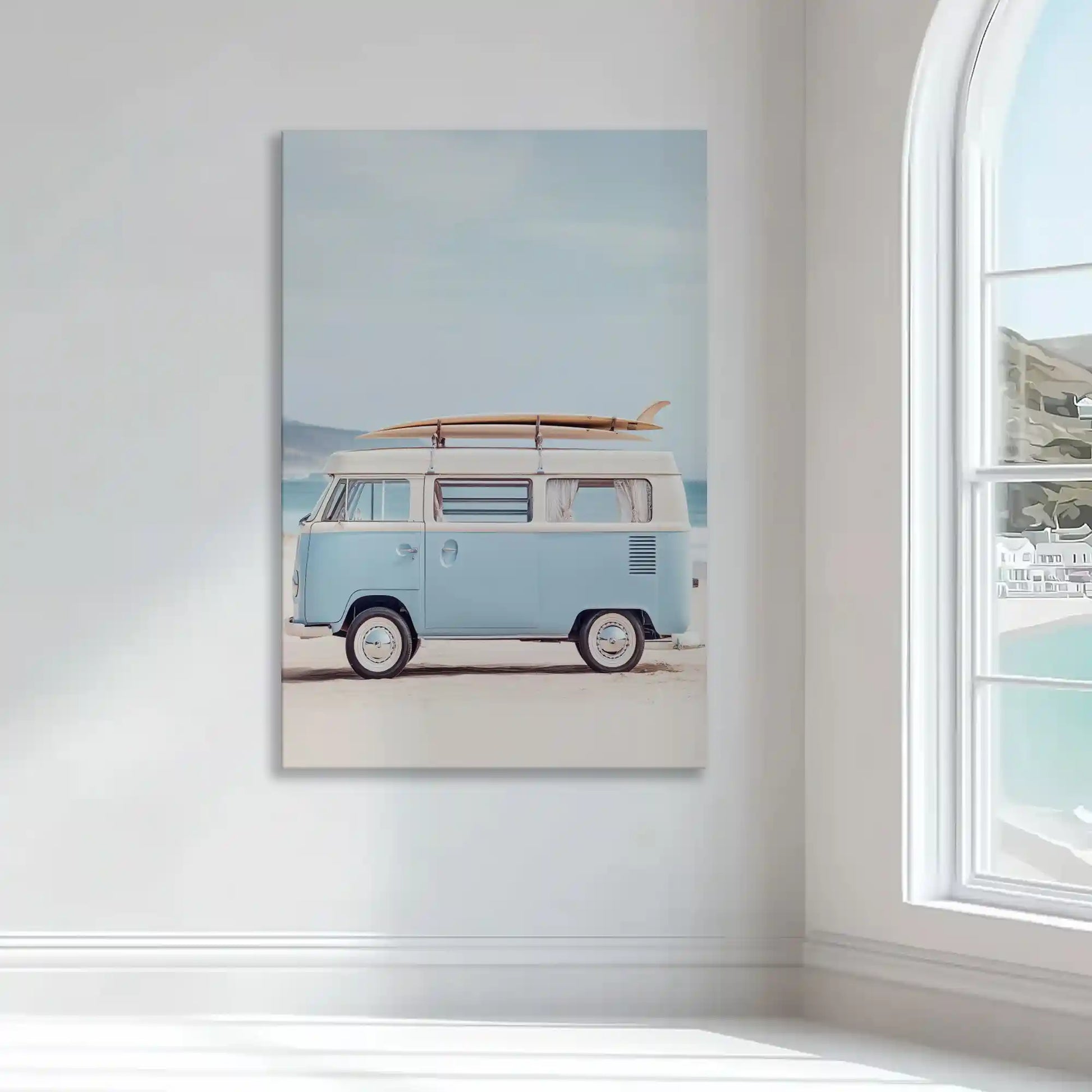 Light blue vintage van wall decor bringing coastal charm and relaxed vibes to modern interiors