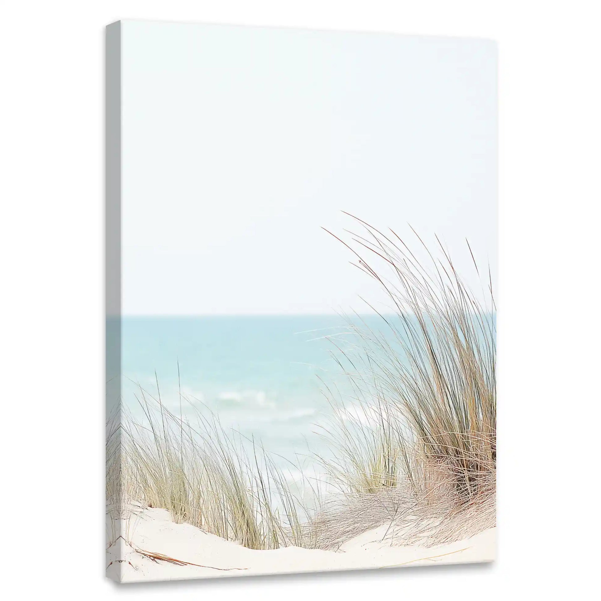 Minimalist coastal grass canvas wall art for bedroom featuring dune reeds and soft turquoise ocean