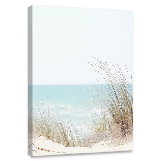 Minimalist coastal grass canvas wall art for bedroom featuring dune reeds and soft turquoise ocean