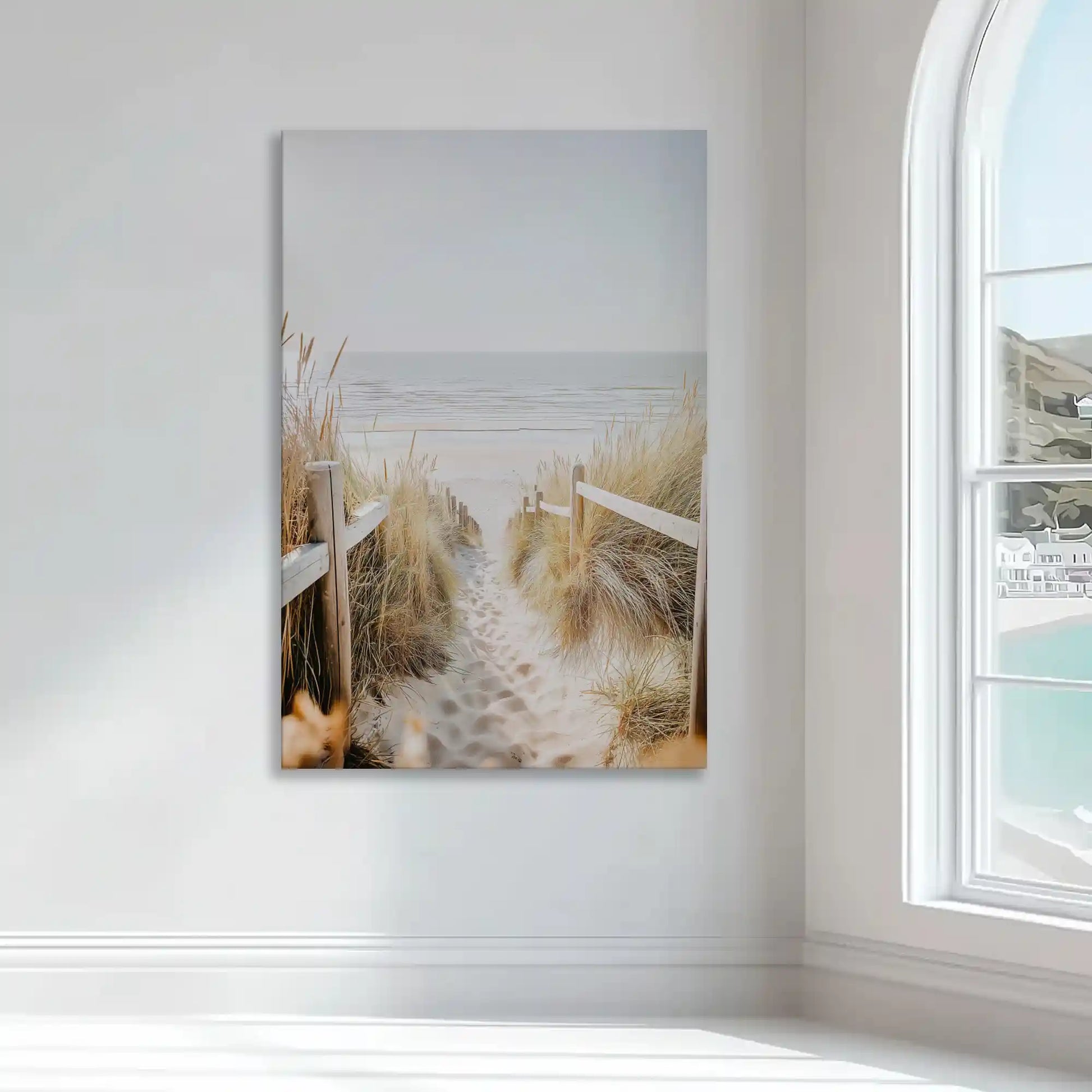 Soft beige and blue wall decor bringing airy coastal calm to modern interiors