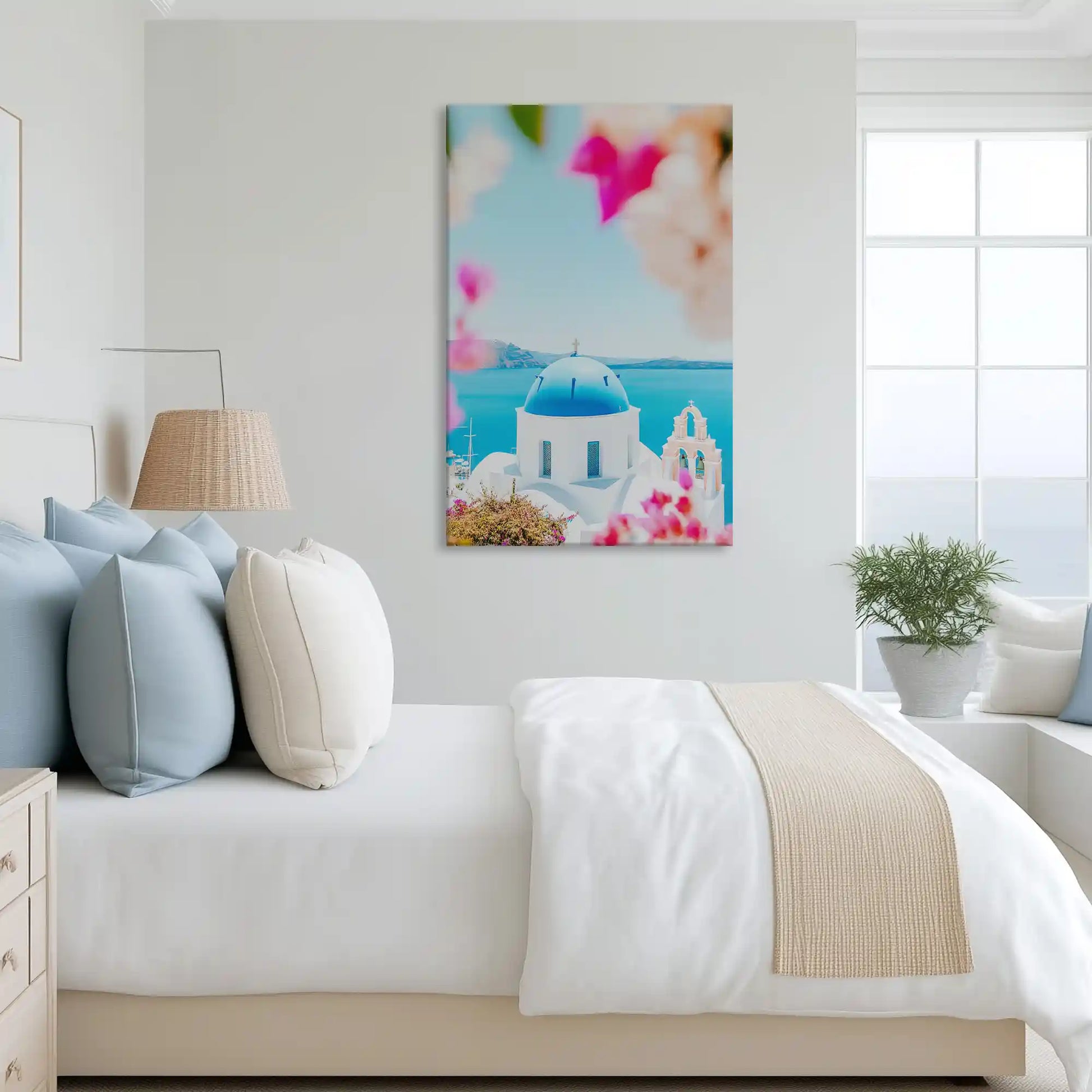 Bright and calming coastal village canvas art complementing minimalist contemporary dining space