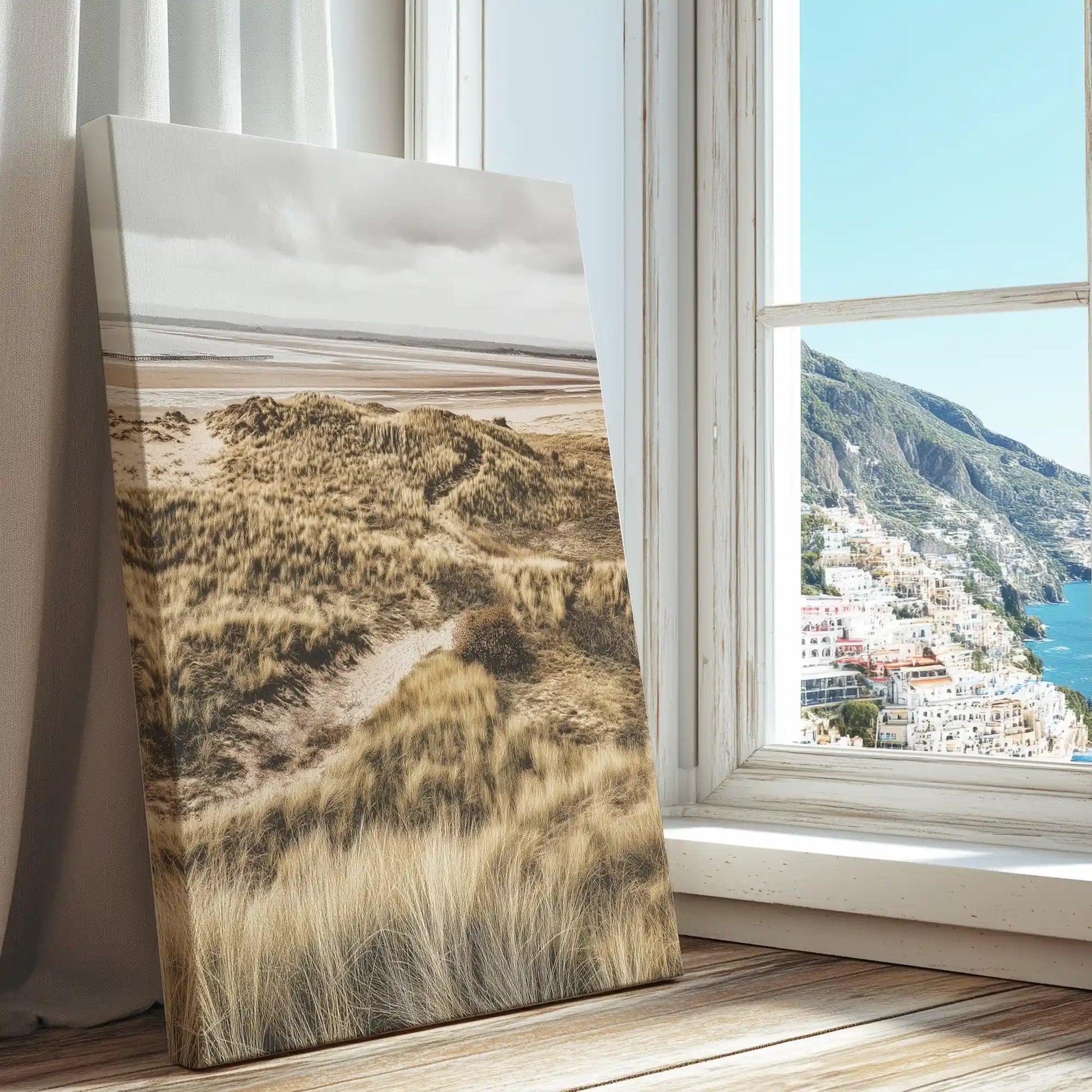 Windblown seagrass dunes captured in a canvas print with natural style