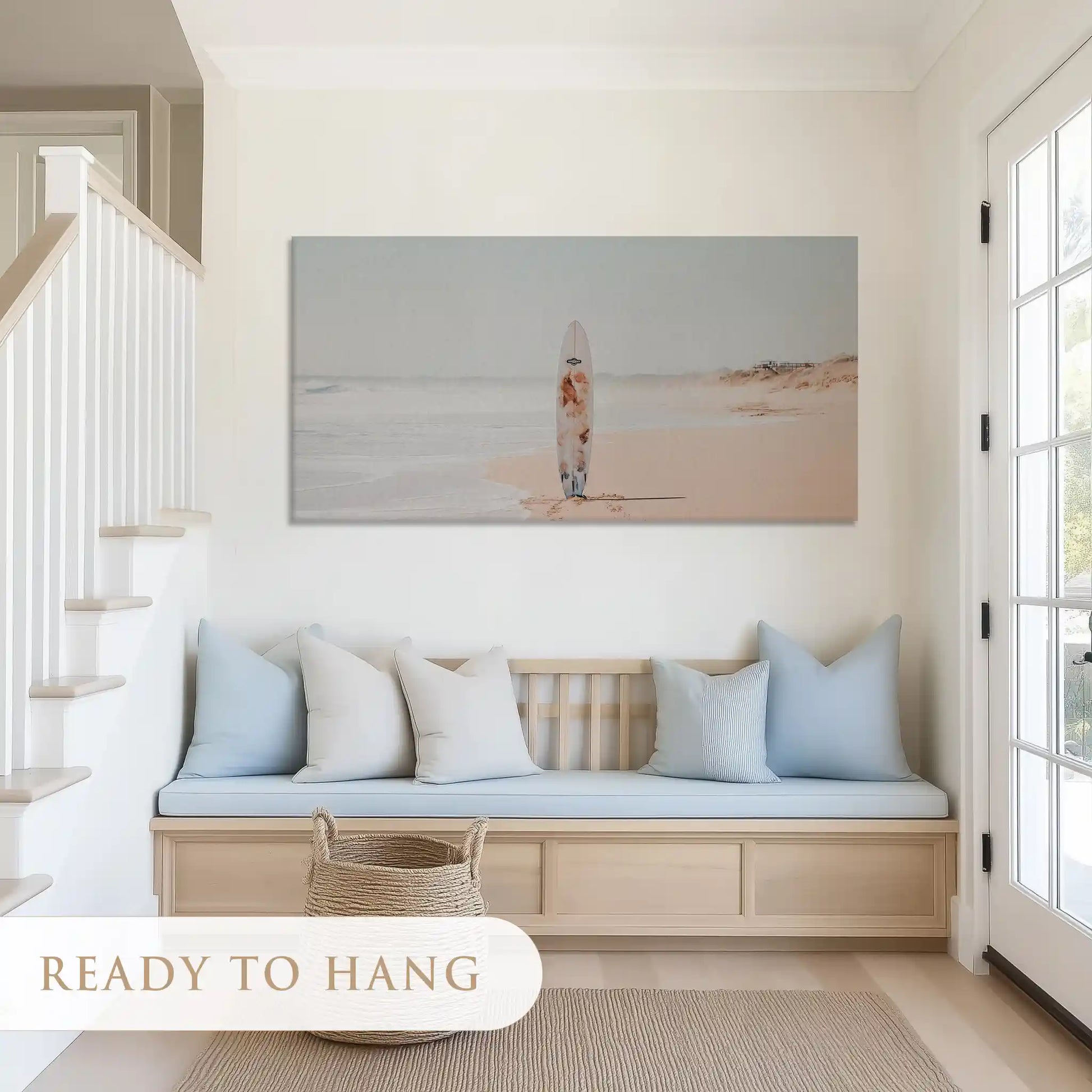 Textured surfer on sand canvas art complementing light modern interiors