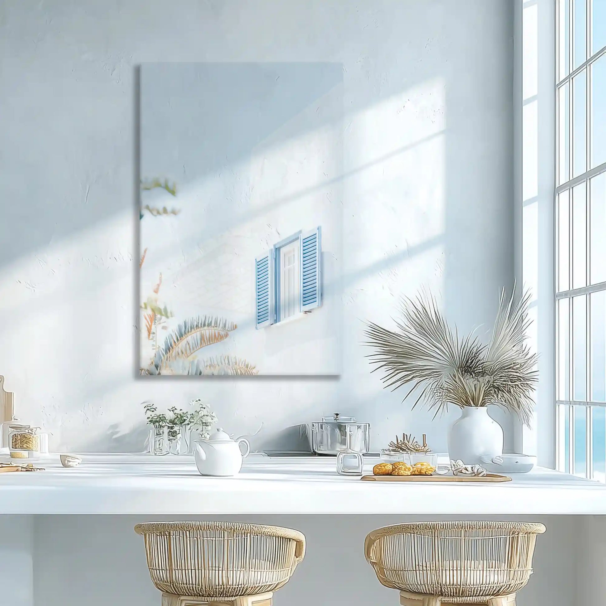 White facade with blue shutters canvas print adding serene elegance to modern wall decor