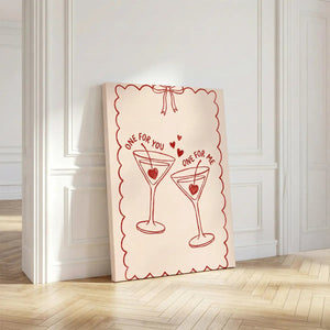 Modern canvas art in a muted red palette with hand-drawn drinks, heart symbols, and a scalloped border for a whimsical feel.
