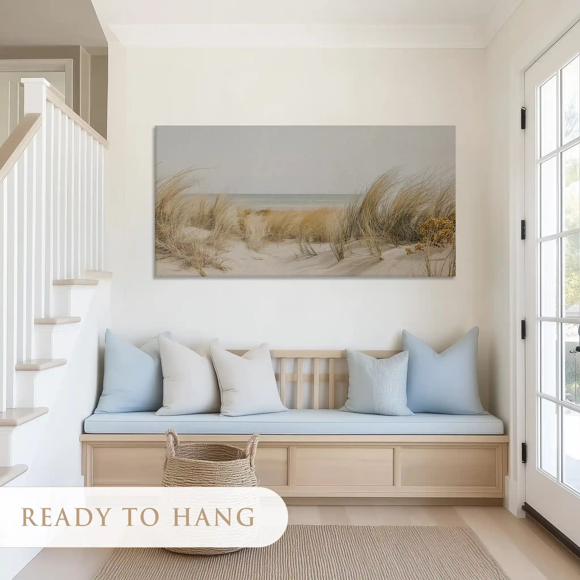 Calm shoreline canvas art with muted sandy tones for airy minimalist living room décor