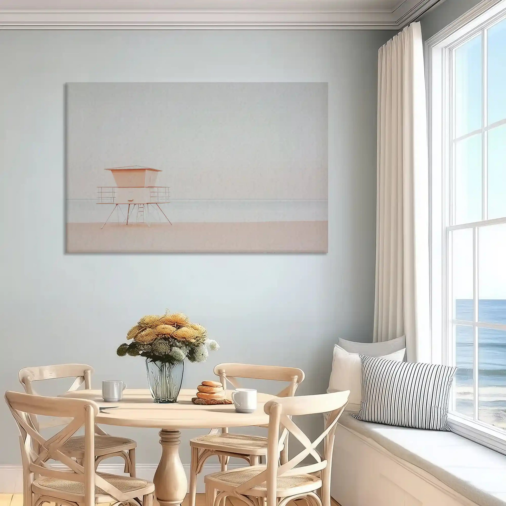 Soft pastel coastal canvas art enhancing serene bedroom wall design