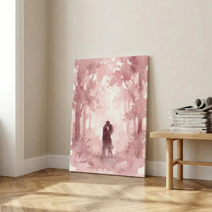 Dreamy canvas artwork portraying a romantic embrace in a wooded area with soft gradients and symmetrical composition.