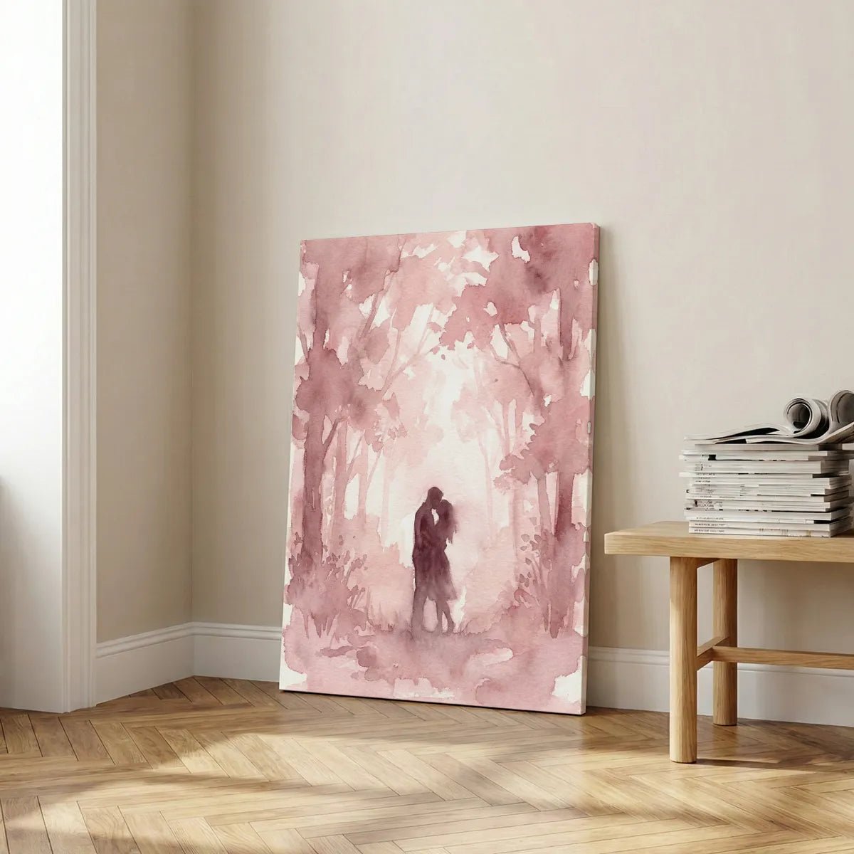 Dreamy canvas artwork portraying a romantic embrace in a wooded area with soft gradients and symmetrical composition.