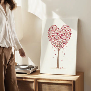 Modern canvas art with a clean-lined heart tree illustration in warm pinks and reds, evoking a light and romantic mood.
