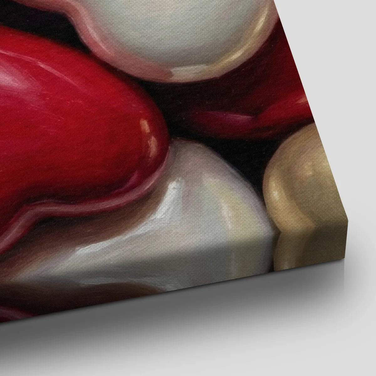 Stylized overlapping hearts in red, white, and gold rendered on a glossy canvas print with a cheerful mood
