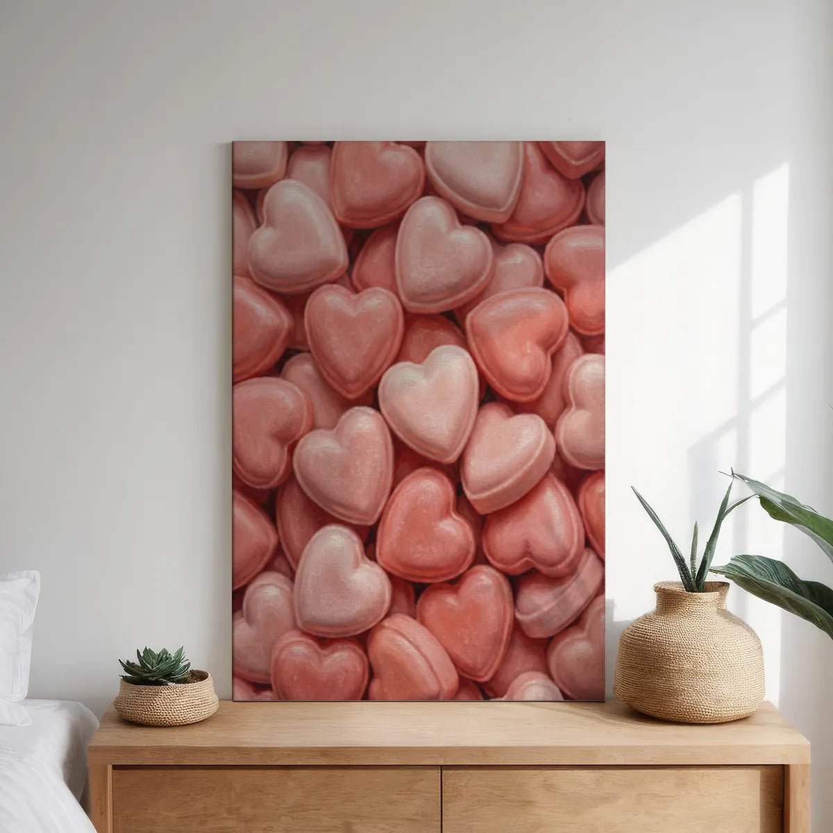 Decorative canvas print with a playful arrangement of heart symbols in red and pink, filling the frame completely.