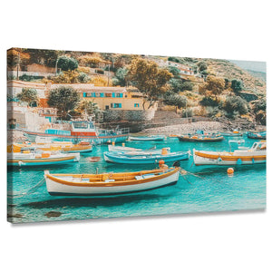 Mediterranean harbor canvas wall art with colorful boats for living room décor