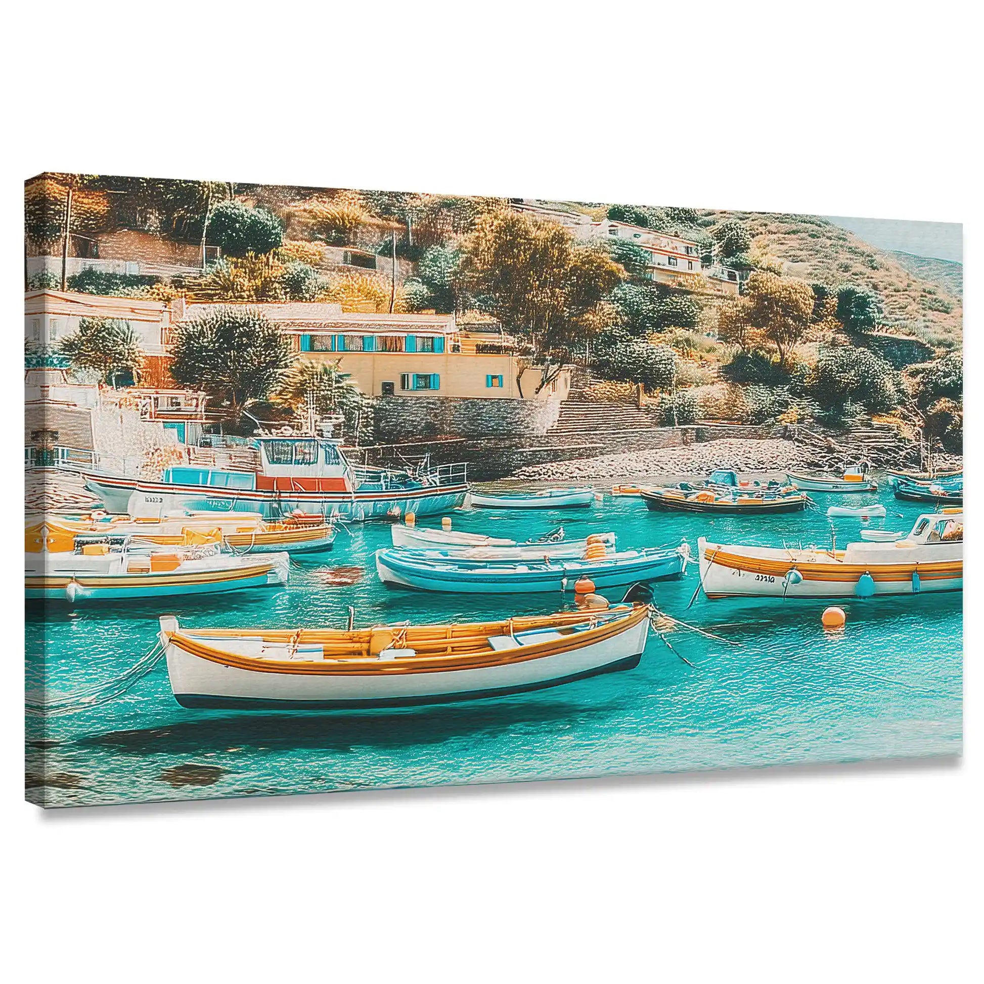 Mediterranean harbor canvas wall art with colorful boats for living room décor
