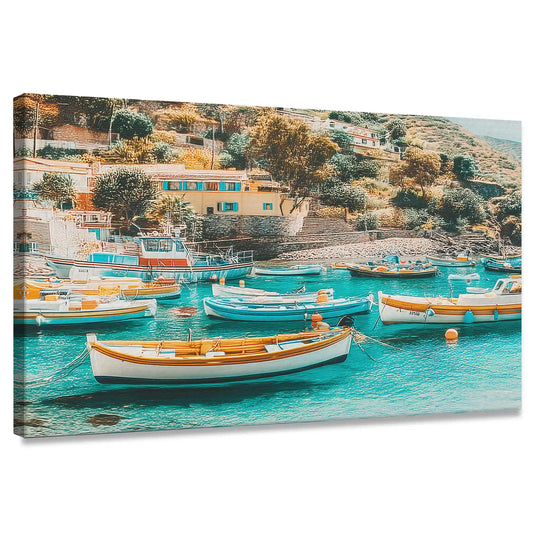 Mediterranean harbor canvas wall art with colorful boats for living room décor