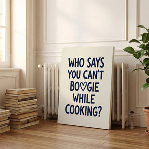 Decorative canvas print featuring a clean, minimalist quote design in navy blue, ideal for modern kitchen walls.