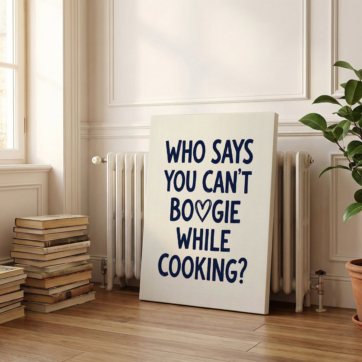 Decorative canvas print featuring a clean, minimalist quote design in navy blue, ideal for modern kitchen walls.