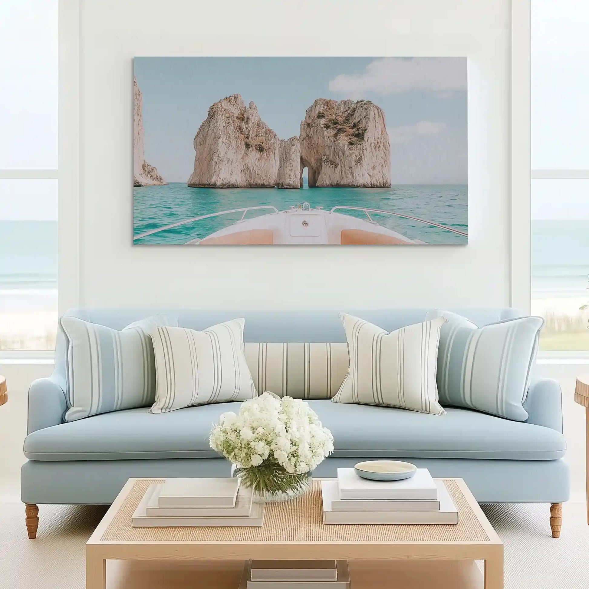 Nautical coastal canvas wall art with Capri island cliffs and ocean horizon design