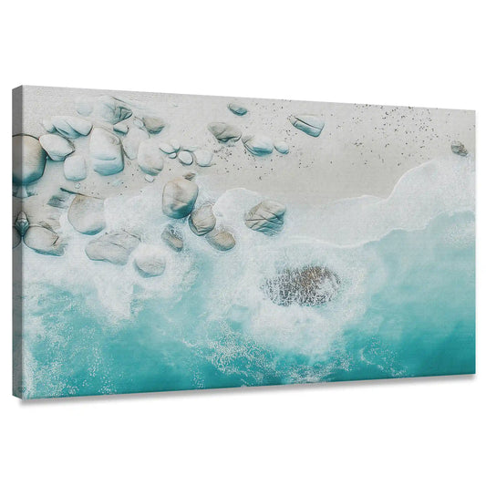 Aerial coastal canvas wall art with turquoise waves and sandy beach for living room décor