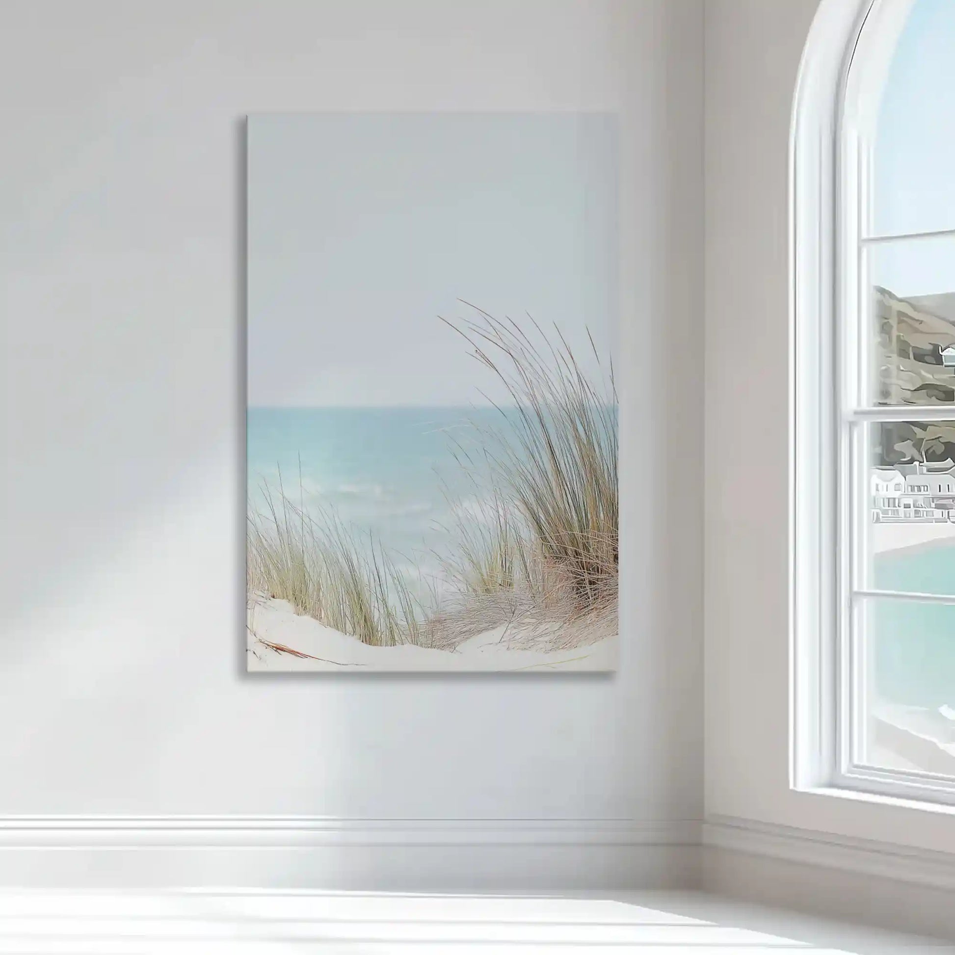 Pastel beige and aqua shoreline wall decor bringing coastal calm and airy elegance to interiors